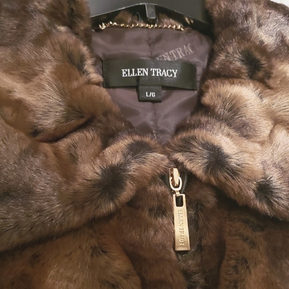 Ellen Tracy NEW VEST Crushed Faux Fur Women's L Drawstring Waist BROWN BLACK NWT - Picture 9 of 16